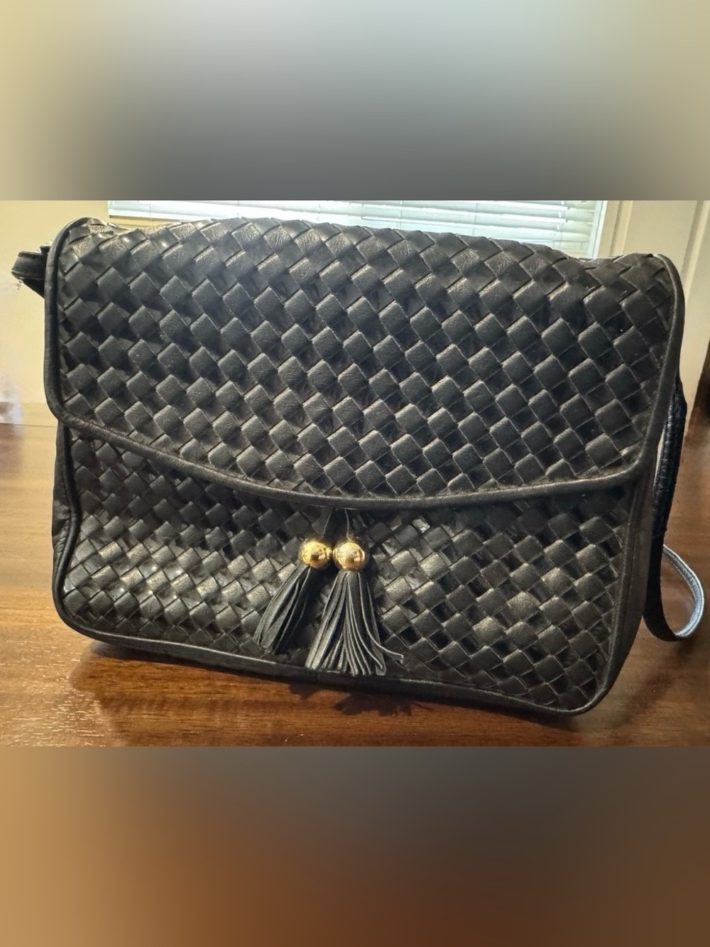 Vintage Ganson Black Woven Leather Crossbody Shoulder Bag Flap Tassel